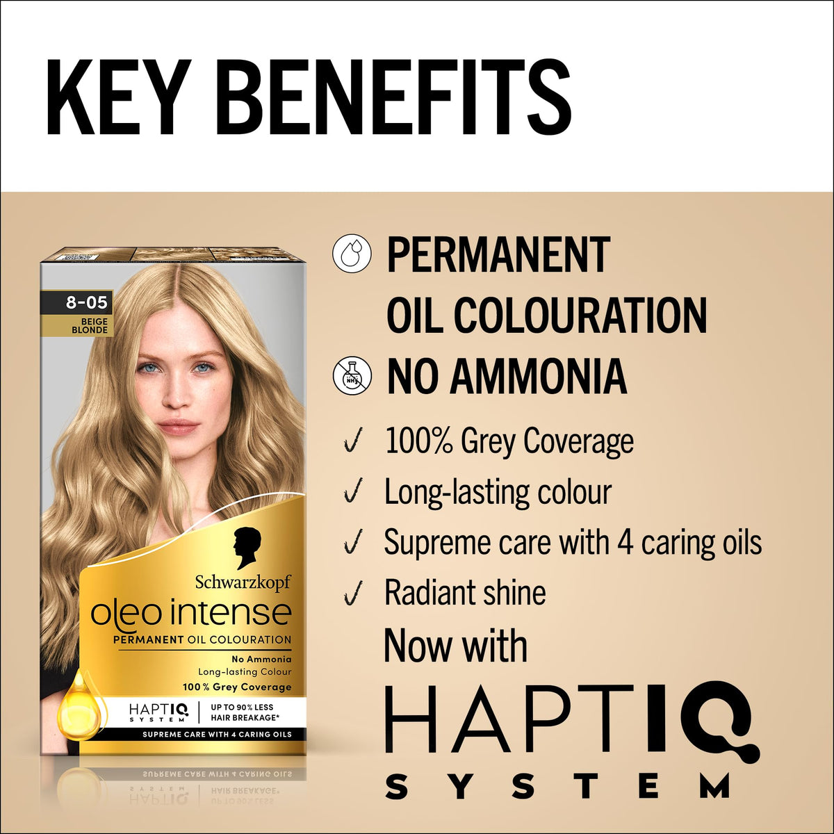 Schwarzkopf Oleo Intense Permanent Oil Colour 8-05 Beige Blonde Hair Dye, Perfect Grey Coverage, Conditioner with HaptIQ System, Long-Lasting Colour, Ammonia Free Hair Dye