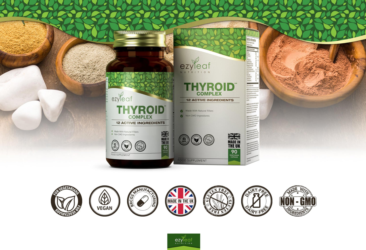 Ezyleaf Nutrition Ezyleaf Thyroid Complex | L Tyrosine Thyroid Support Supplement with Ashwagandha, Iodine, Zinc, Kelp, Sea Moss, Potassium Iodide, Guggul Extract & Selenium | 90 L-Tyrosine Capsules | UK ISO Certified