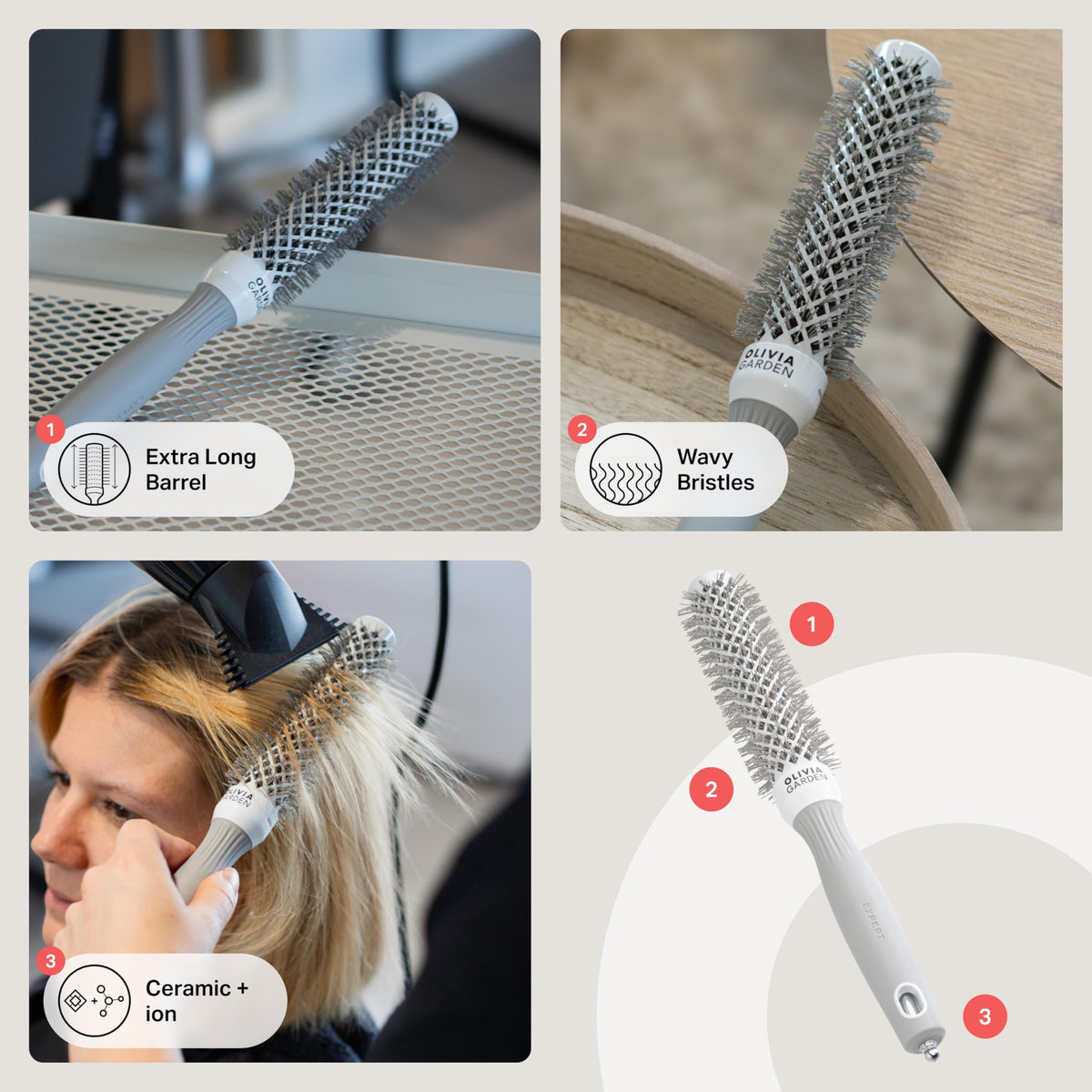 Olivia Garden Expert Blowout Speed – White & Grey - 25 - Ceramic Coated Round Brush with Extra Long Barrel for 25% Faster Blowouts