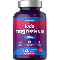 Magnesium Tablets for Kids | 100mg | 120 Chewable Tablets | Berry Flavour Vegan Supplement | Psychological Function | by Horbaach