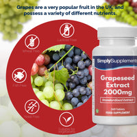 Simply Supplements Grapeseed Extract 2000mg | 360 High Strength Grapeseed Tablets with Added Vitamin C | Vegan & Vegetarian Friendly | Manufactured in The UK