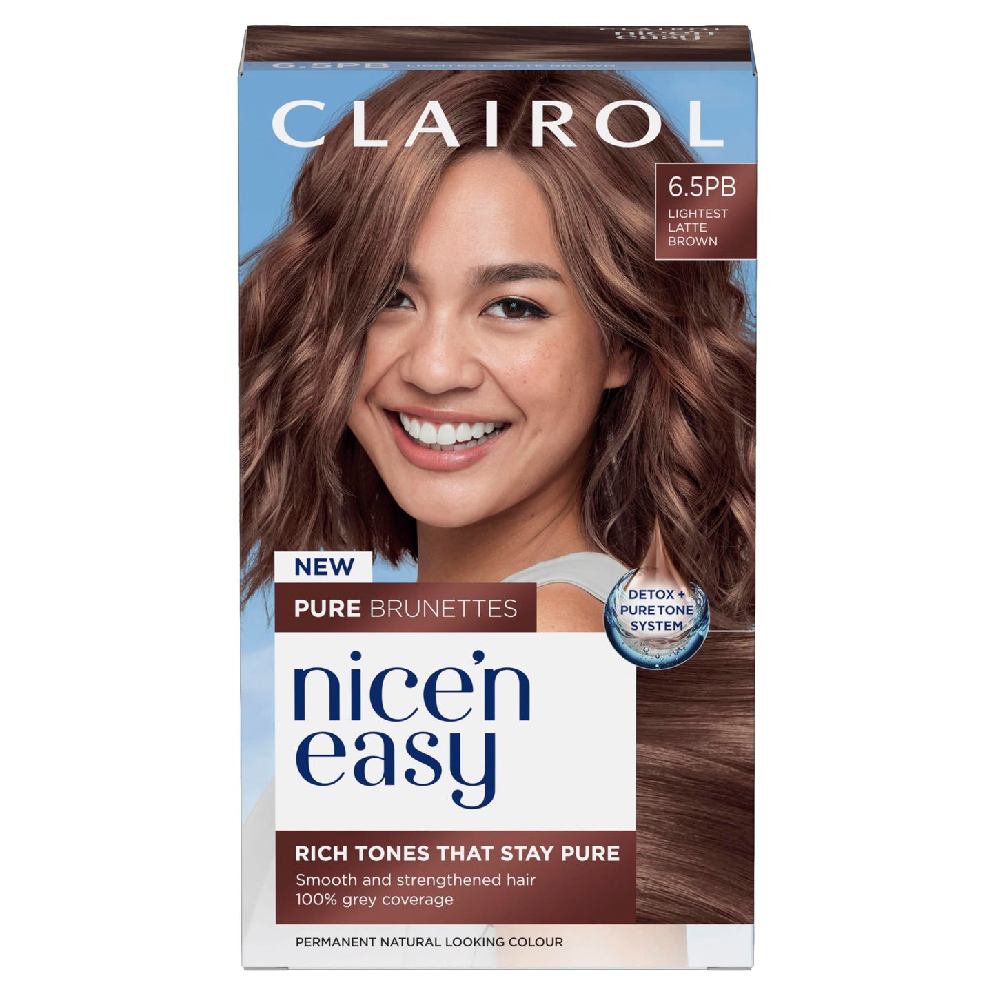 Clairol Nice n’ Easy Pure Brunettes Hair Colour | Pure and Rich Brown Tones | Smooth, Natural Hair Colour | With Pre-Colour Serum | 100% Grey Coverage | 6.5PB Lightest Latte Brown| Permanent Hair Dye