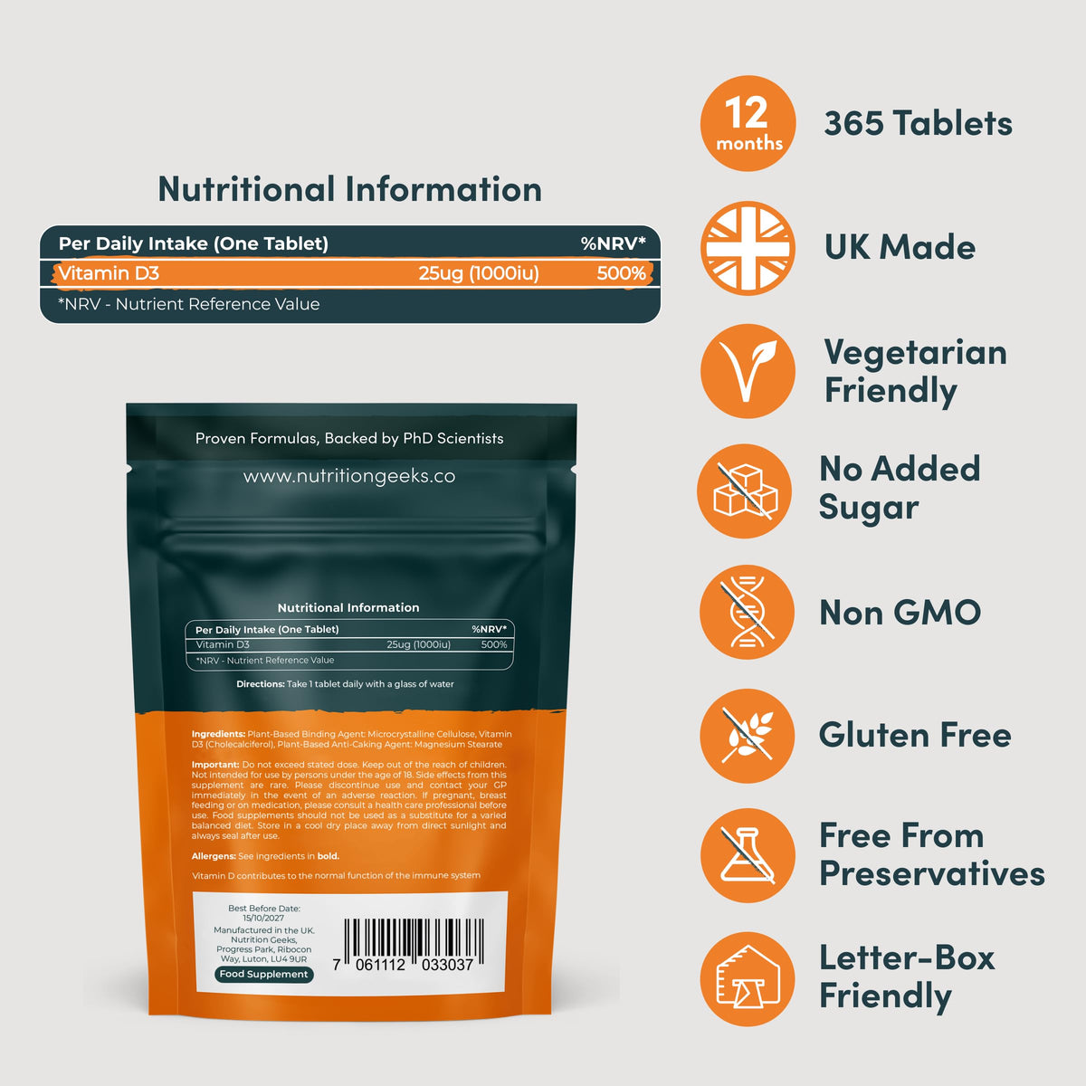 Nutrition Geeks Vegan Vitamin D 1000iu Tablets - 180 Easy-Swallow Plant-Based Algae Vitamin D Tablets, 6 Month Supply - VIT D3 High Strength Immune Support - Highest Grade Certified UK Made Vegan Vitamin D3 1000iu