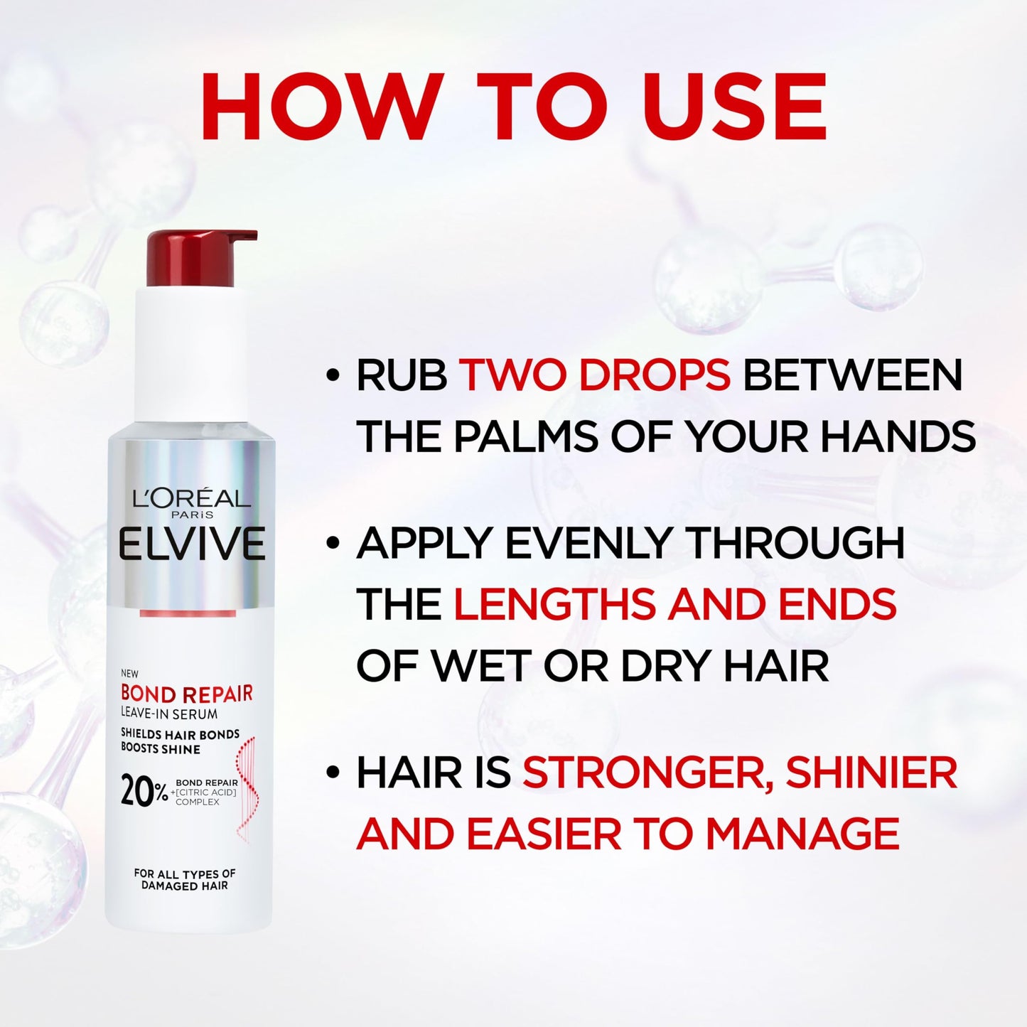 L'Oreal Paris L'Oréal Paris Elvive Bond Repair Leave-In Serum, with Citric Acid Complex, for Stronger Hair, Heat Protection, 12x Less Split-Ends, 98% Stronger, 82% More Shine for Damaged Hair, 150ml