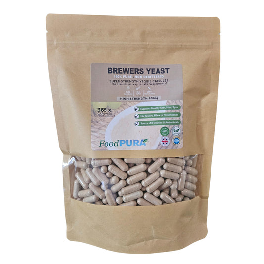 FoodPURA 365 x 600mg Brewers Yeast Capsules 100% Pure & Natural Not Debittered HACCP Certified Manufactured in The UK (365)