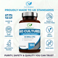 Natures Zest Bio Cultures Complex Probiotics & Prebiotics 60 Billion CFU – 6 Month Supply - for Gut Health with Lactobacillus Rhamnosus - for Women and Men - 180 Vegan Capsules