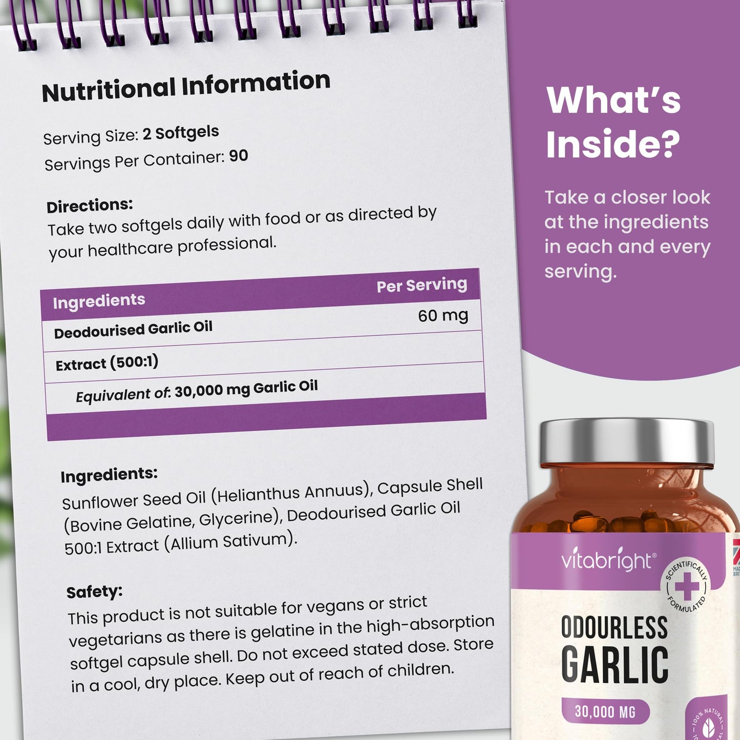 VitaBright Odourless Garlic Capsules High Strength | 30,000mg | 180 Capsules | Daily Dose - 2 Odorless Garlic Tablets for Adults | Odourless Extract Supplement | High Allicin Pearls for Women & Men