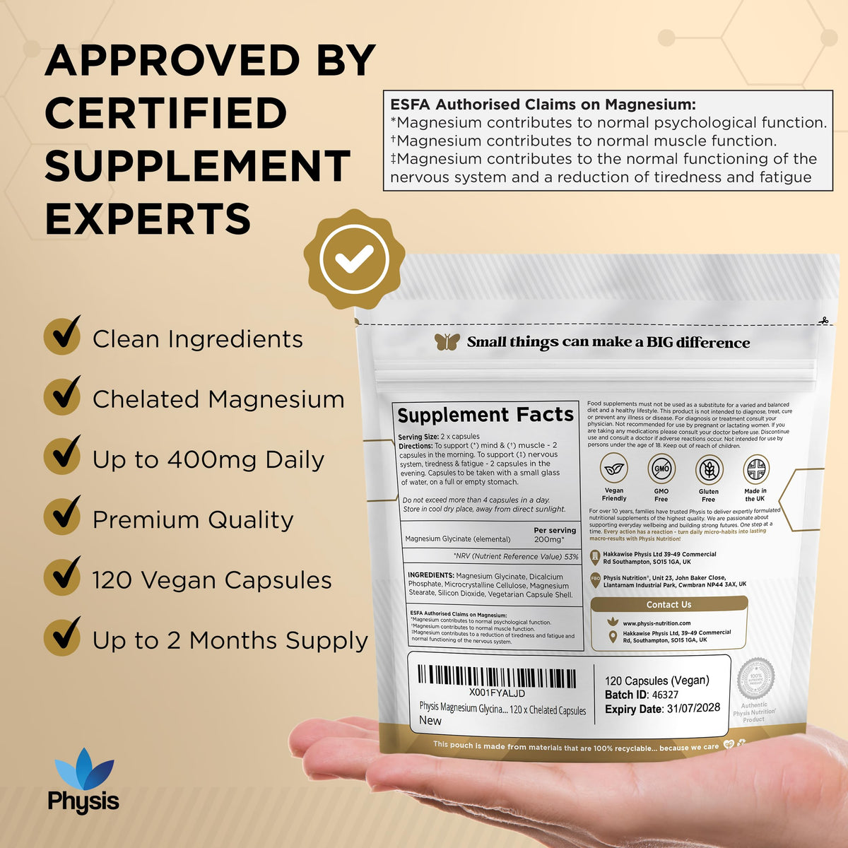 Physis Magnesium Glycinate 400mg | High Strength Elemental for Sleep, Mind & Muscle | Vegan Chelated Magnesium Bisglycinate | Bioavailable | Non-Laxative Natural Mineral | 120 x Magnesium Capsules