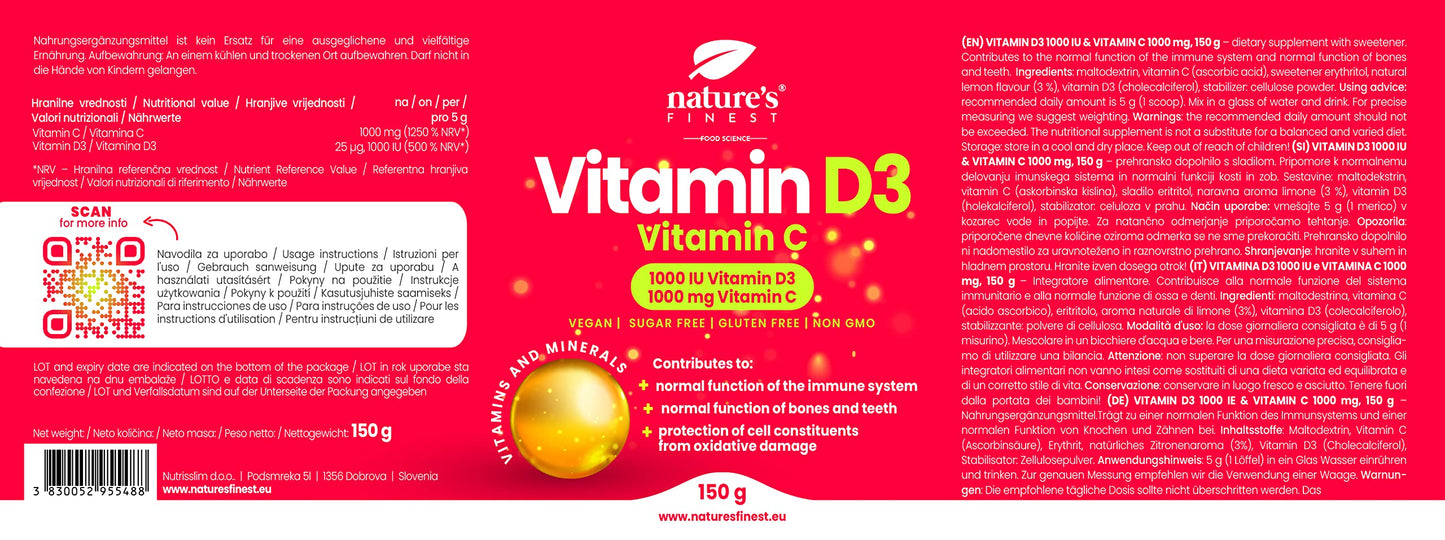 Nature's Finest Vitamin D3 + Vitamin C | 1000 IU (500% NRV) Vitamin D3 per Dosage | 1000 mg (1250% NRV) of Vitamin C per Dosage | for a Strong Immune System