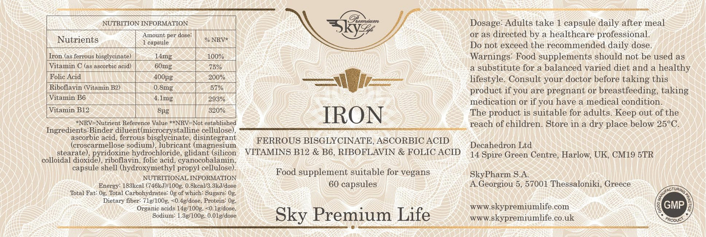 Sky Premium Life Iron Food Supplement – 60 Capsules Vitamin Supplements with Iron, Vitamin B12, B6, Folic Acid, Vitamin C – Supports Red Blood Cell Production - Vegan Friendly