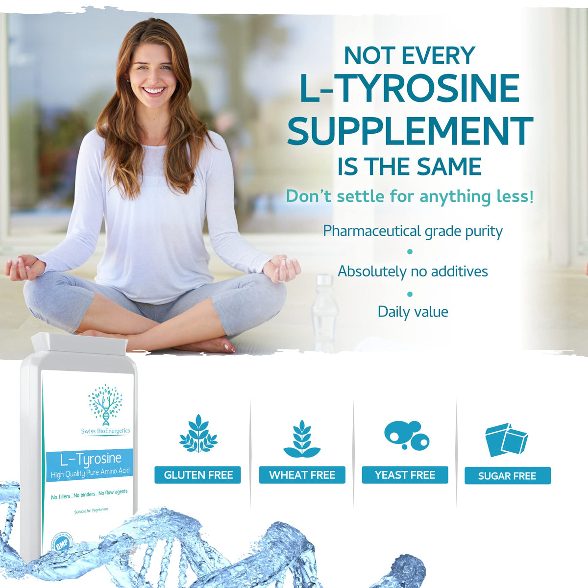 swiss bioenergetics L-Tyrosine 500mg 120 Capsules - Pure Amino Acid with No Fillers or Binders or Flow Agents – an Amino Acid Nutritional Supplement Suitable for Vegetarians - UK Made