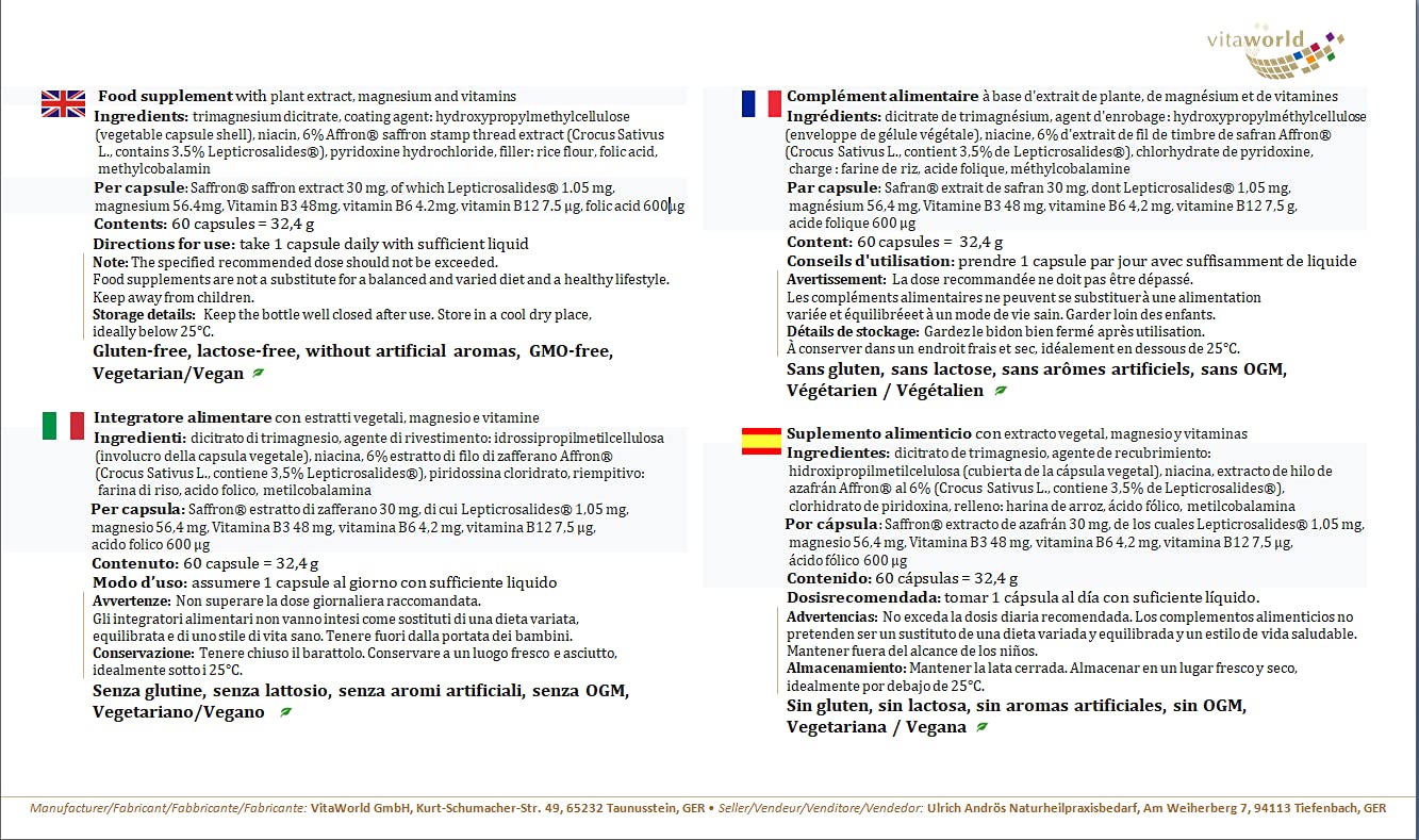 Vita World Saffron Extract 60 Capsules 100% Natural Saffron, with Magnesium and B Vitamins, Vegan/Vegetarian Made in Germany