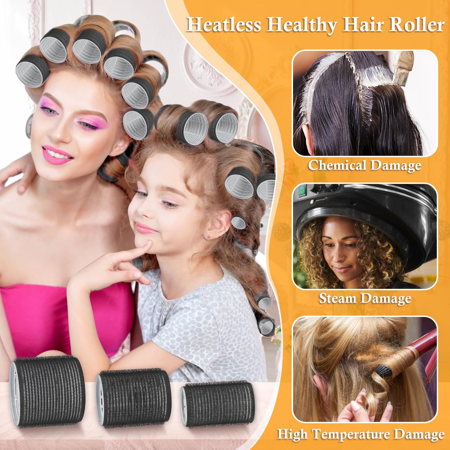 Thrilez 39PCS Hair Curlers Rollers with Clips Black Hair Roller with 3 Sizes 64mm 44mm 33mm, Jumbo Roller with 12PCS Duckbill Clips Hair Rollers for Long Medium Short Thick Fine Volume Bangs