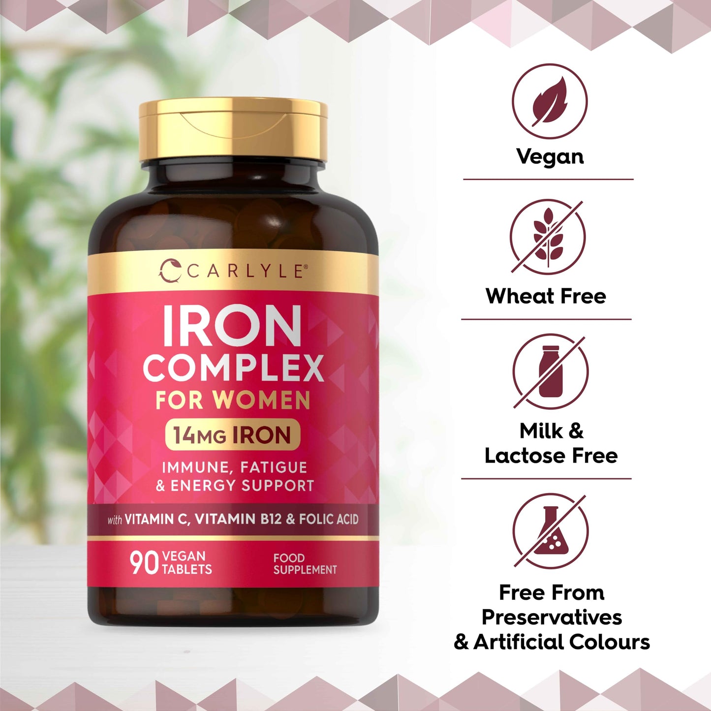 Iron Supplements for Women | with Vitamin B12, Vitamin C and Folic Acid | High Strength 14mg Iron | 90 Vegan Tablets | by Carlyle