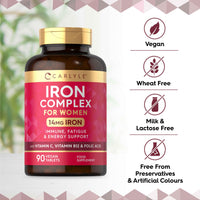 Iron Supplements for Women | with Vitamin B12, Vitamin C and Folic Acid | High Strength 14mg Iron | 90 Vegan Tablets | by Carlyle