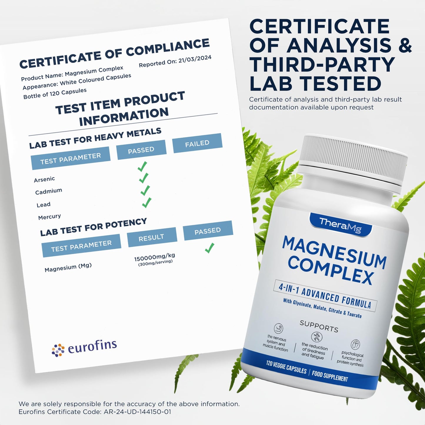 TheraMg Magnesium Glycinate 4-in-1 Complex - Citrate, Malate & Taurate for Sleep, Tiredness, Muscles & Nervous System - 300mg Elemental Magnesium - High Strength, Chelated, Vegan - 120 Capsules - Made in UK