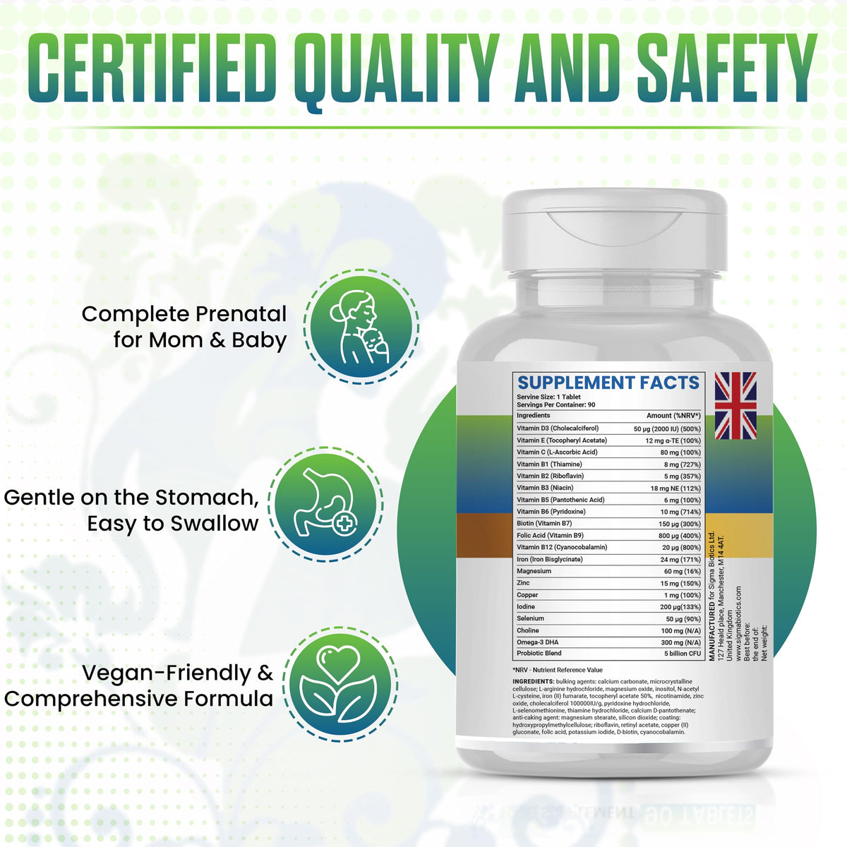 SigmaBiotics Pregnancy Multivitamin | 800 µg Folic Acid, Iron, Vitamins D3 and C, Omega-3, B Complex, Zinc and Probiotics, Prenatal Support for Mom’s Energy, Immunity, and Baby's Growth | 90 Tablets