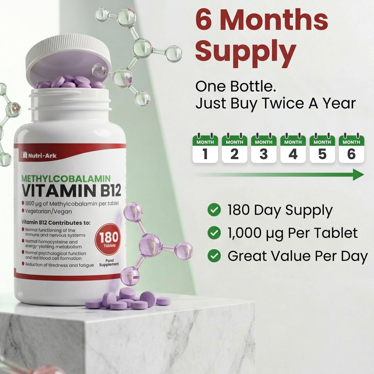 Vegan Vitamin B12 Methylcobalamin 1000mcg 180 Tablets (6 Months Supply) Made in the UK by Nutri-Ark
