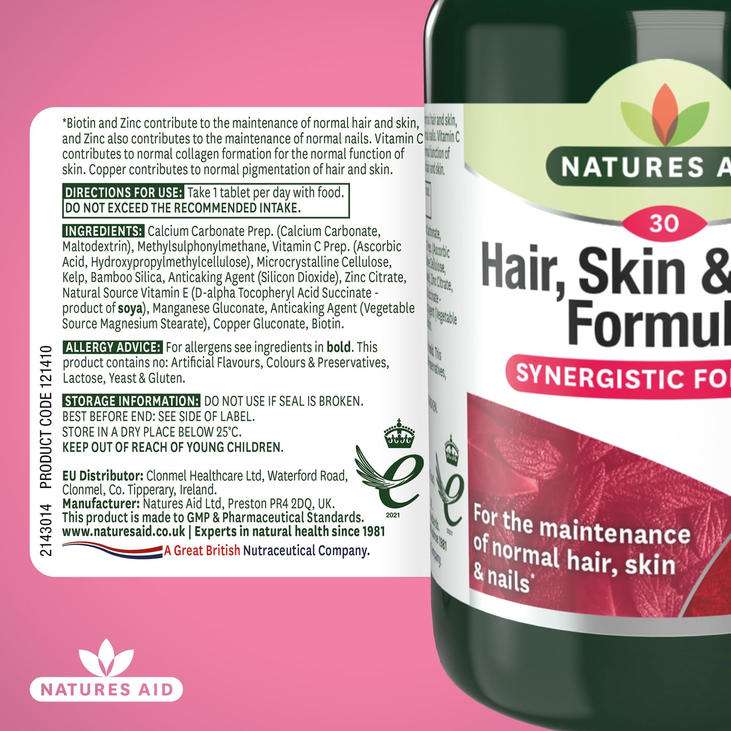 Natures Aid Hair, Skin & Nails Formula – High Potency Support for Growth, Strength & Radiance – Vegan, Gluten-Free, Non-GMO Supplement – Natural Health Supplement – 30 Tablets