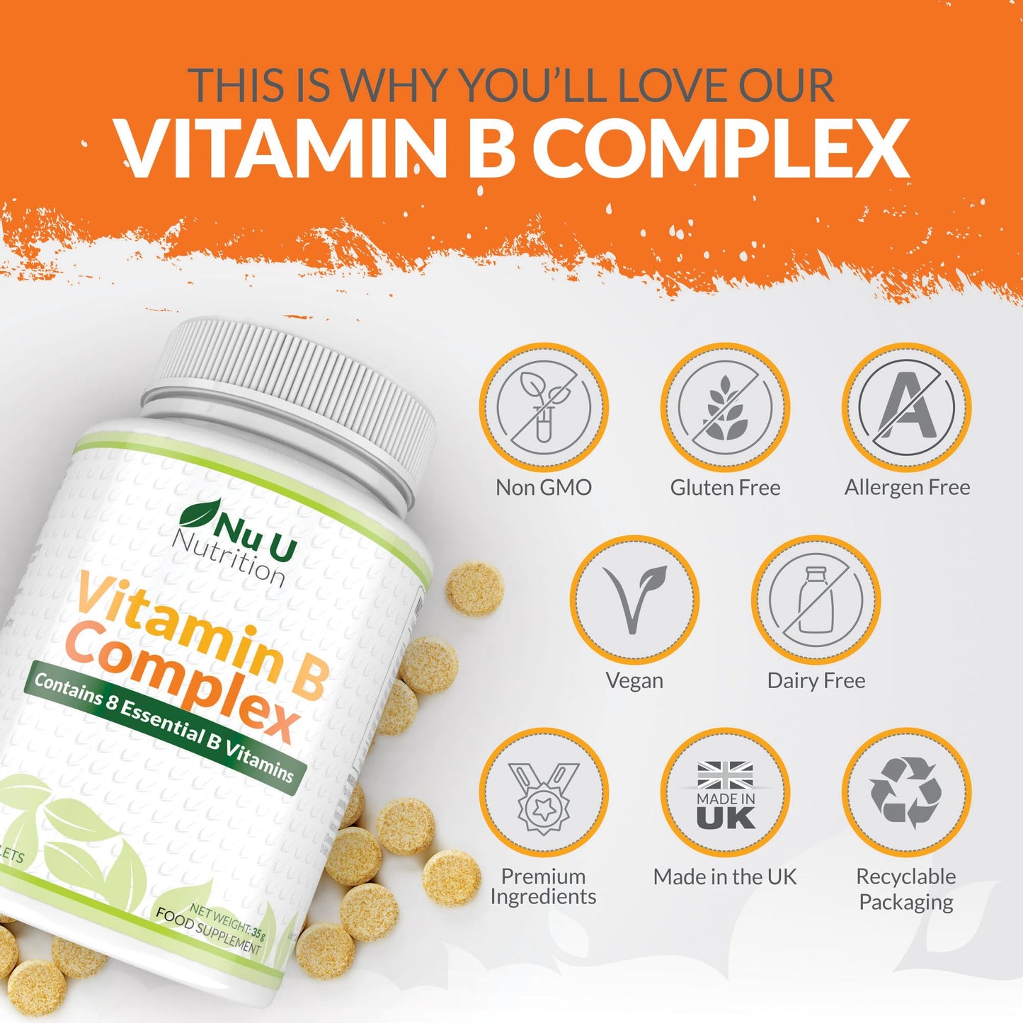 Vitamin B Complex High Strength - 180 Vegan Tablets - 6 Month Supply - Contains all 8 B Vitamins in 1 Tablet - Vitamins B1, B2, B3, B5, B6, B12, Biotin & Folic Acid - Nu U Nutrition