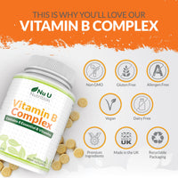 Vitamin B Complex High Strength - 180 Vegan Tablets - 6 Month Supply - Contains all 8 B Vitamins in 1 Tablet - Vitamins B1, B2, B3, B5, B6, B12, Biotin & Folic Acid - Nu U Nutrition