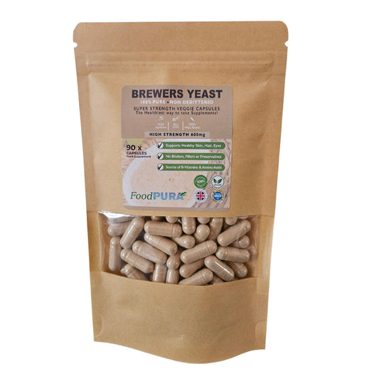 FoodPURA 90 x 600mg Brewers Yeast Capsules 100% Pure & Natural Not Debittered HACCP Certified Manufactured in The UK (90)