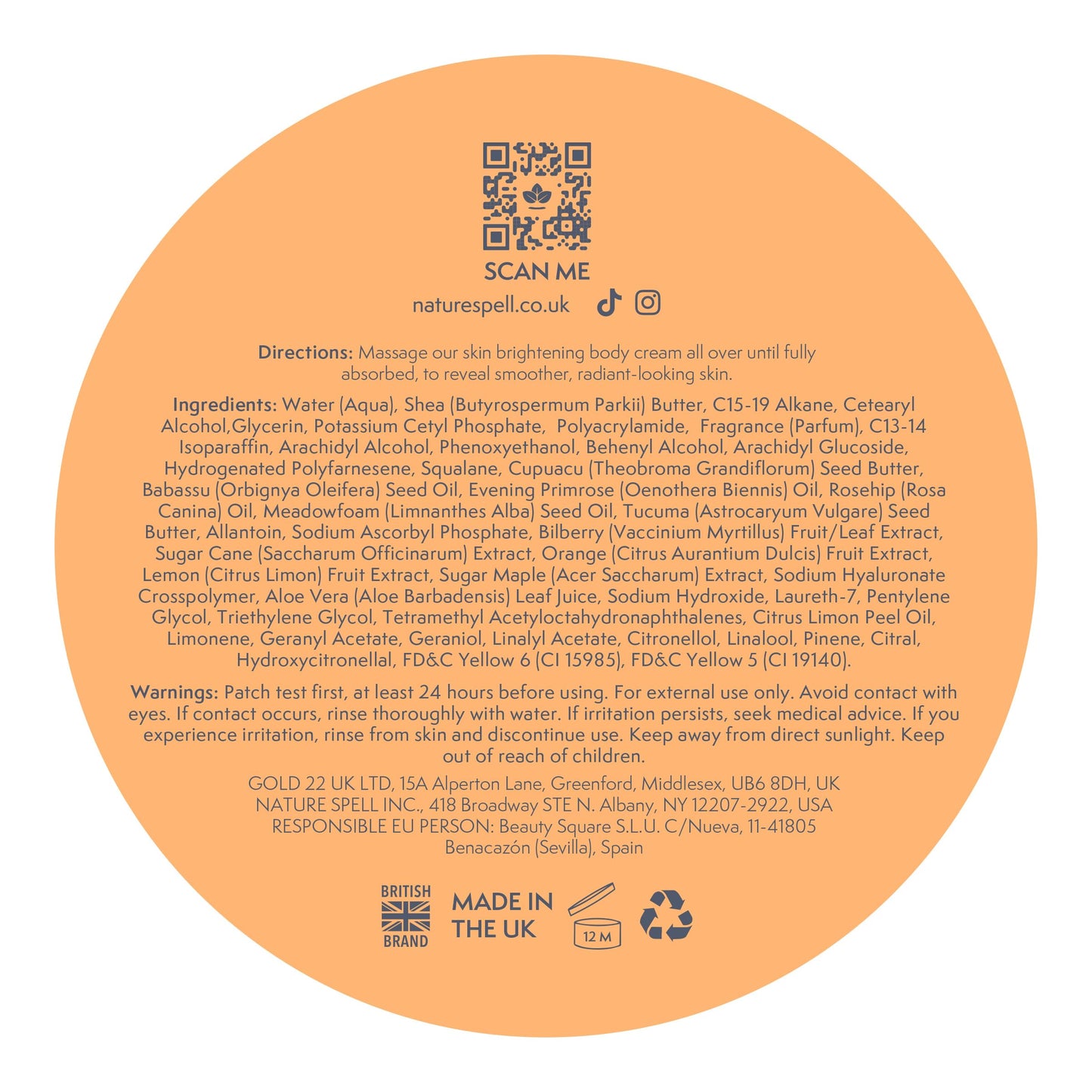 Nature Spell Bright & Smooth Body Cream, Brightening and Hydrating for All Skin Types, with Vitamin C, Fruit AHA, Allantoin, Vegan, 250ml