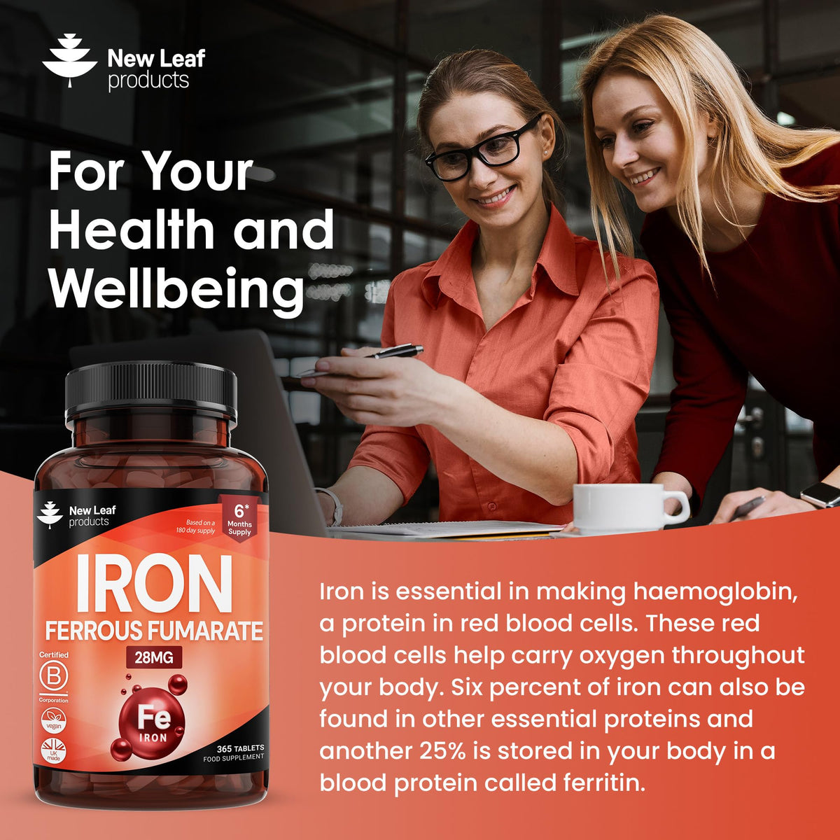 NEW LEAF PRODUCTS Gentle Iron Tablets 28mg High Strength Ferrous Fumarate Iron - Vegan Iron Supplements for Men and Womens Health - Reduction in Tiredness and Fatigue, Supports Immune, Health and Energy