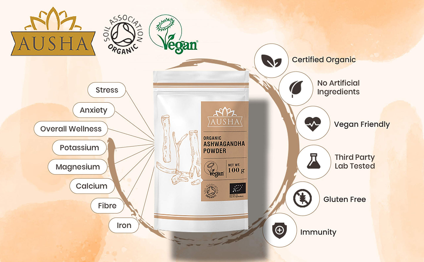 AUSHA Ausha Organic Ashwagandha Powder 500g | Anxiety,Stress & Fatigue Relief, Sleep Aid, Energy Increase,Overall Wellness | Premium Quality