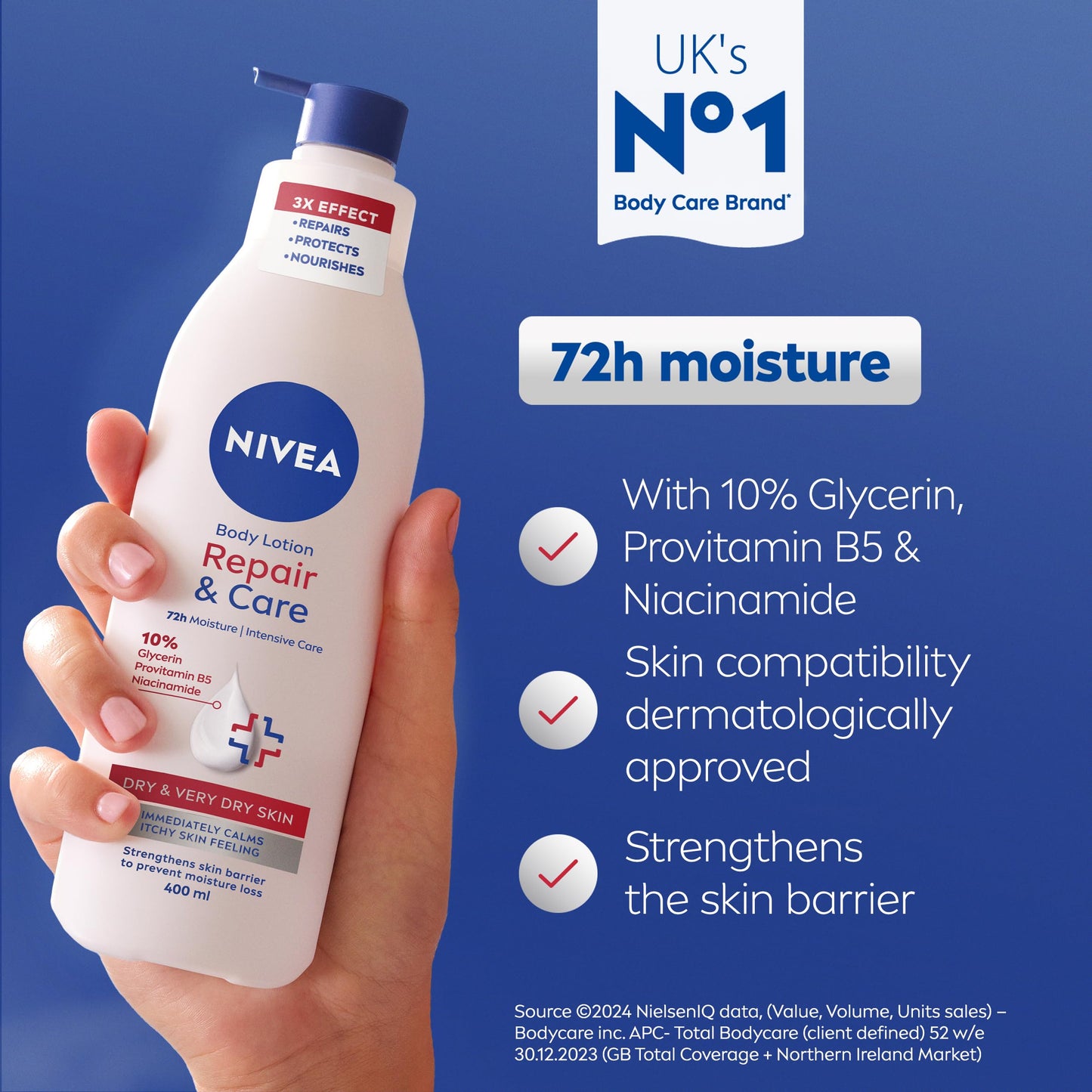 NIVEA Body Repair & Care (400 ml), 72H Moisture Body Lotion with Strengthening Formula, Skin Barrier Strengthening Moisturising Cream, Body Lotion for Dry Skin, With Niacinamide and Glycerin