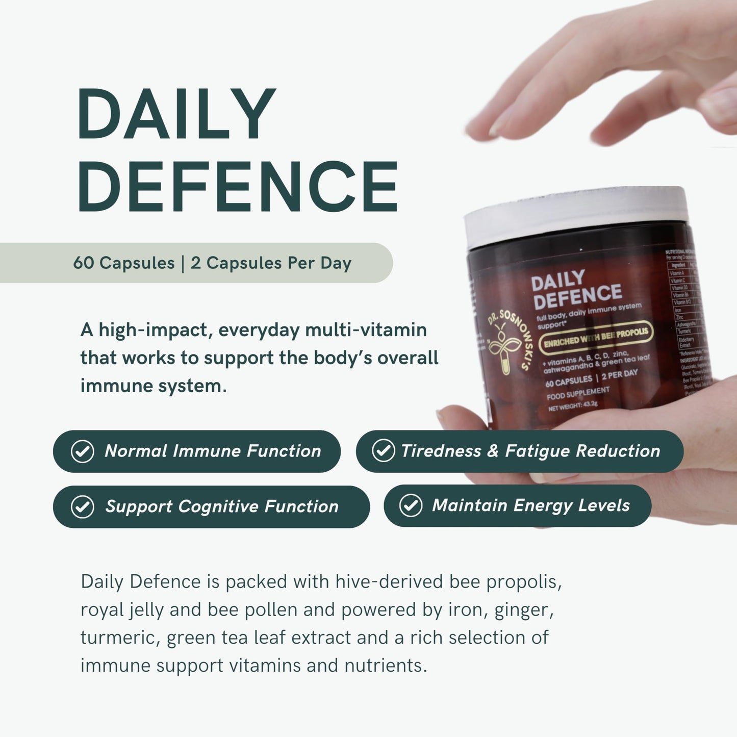 Dr Sosnowski's Dr. Sosnowski's Daily Defence Immunity Supplements | Essential Daily Multi-Vitamin with Bee Propolis, Pollen & Royal Jelly, Vegetable Capsules, 60ct