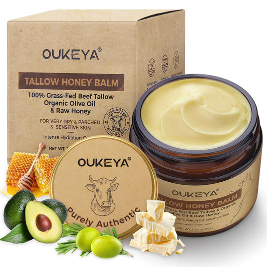 OUKEYA Beef Tallow Skin Care, Beef Tallow Face Cream, Tallow and Honey Balm, Deeply Nourishing for Face & Body (Enhanced Moisturising Version, 50g)