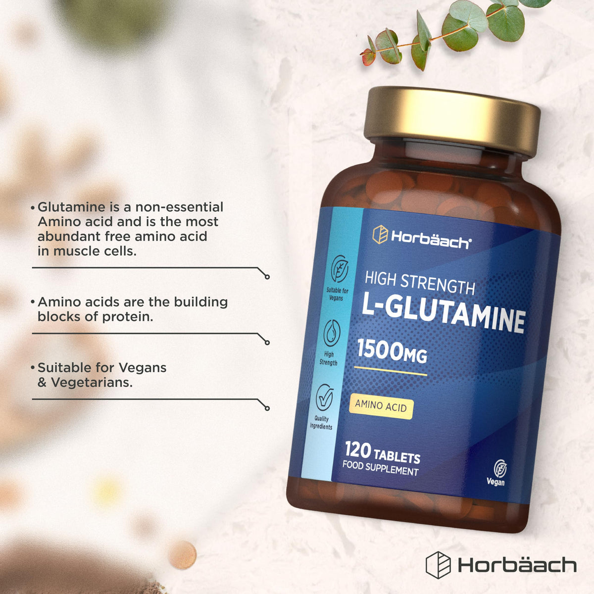 Horbäach L-Glutamine Tablets 1500mg | 120 Count | High Strength Amino Acid | Suitable for Vegans and Vegetarians | By Horbaach