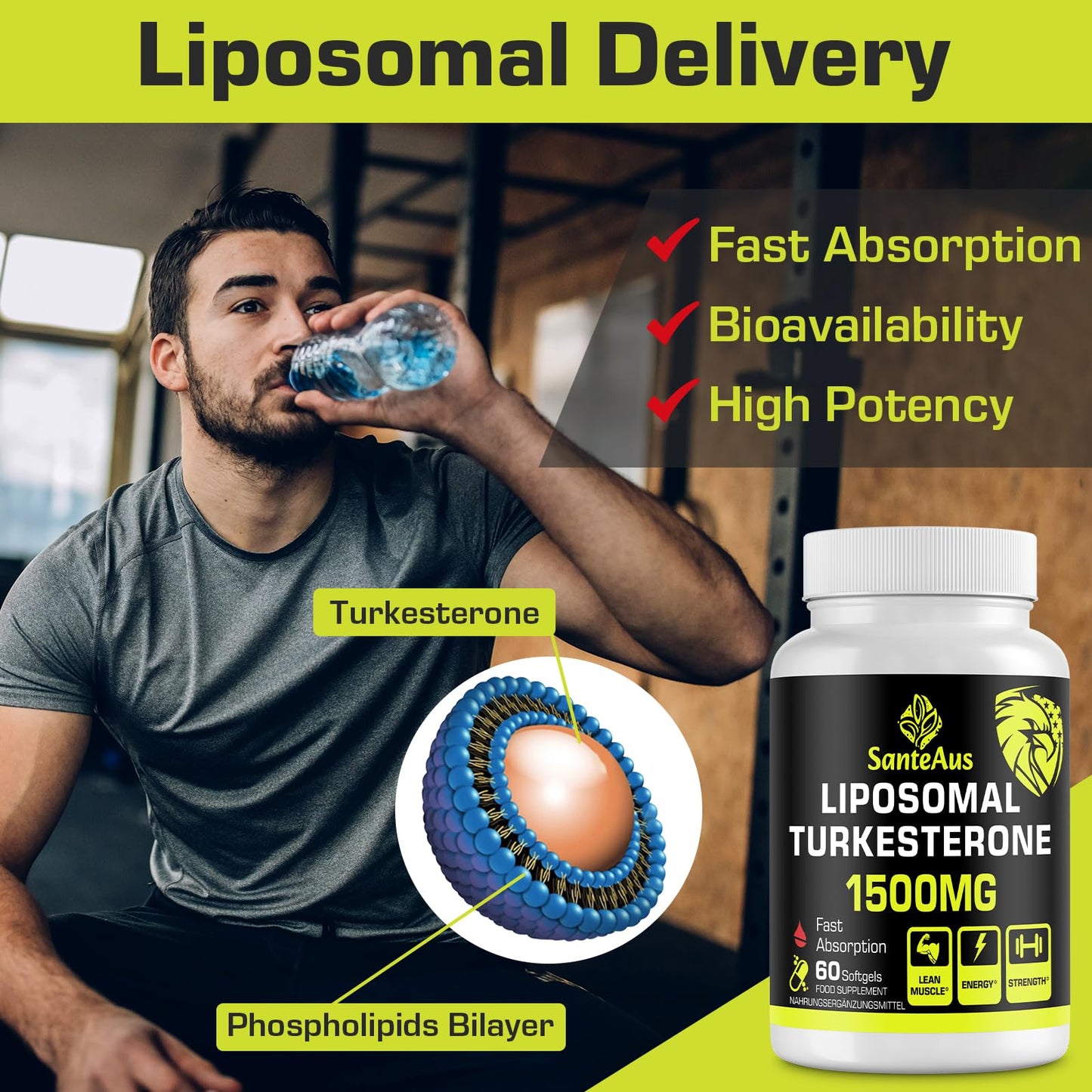 SanteAus Liposomal Turkesterone Capsules 1500mg Supplement,Max Strength Ajuga Turkestanica Extract,Standardized to 20% Turkesterone,Optimal Absorption,Muscle Growth & Recovery,Gluten Free,Fillers Free,2 Pack