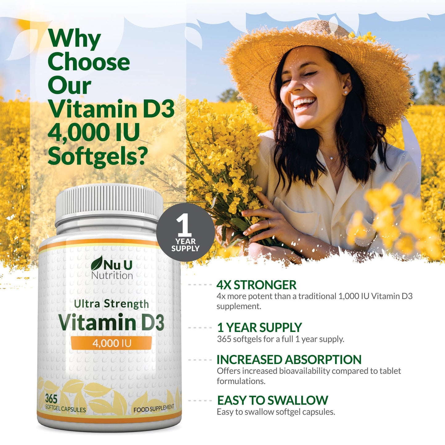 Vitamin D3 4000 IU, 365 Softgel Capsules NOT Tablets, Full Year Supply, Easy to Swallow Quadruple Strength Vitamin D3 Supplement