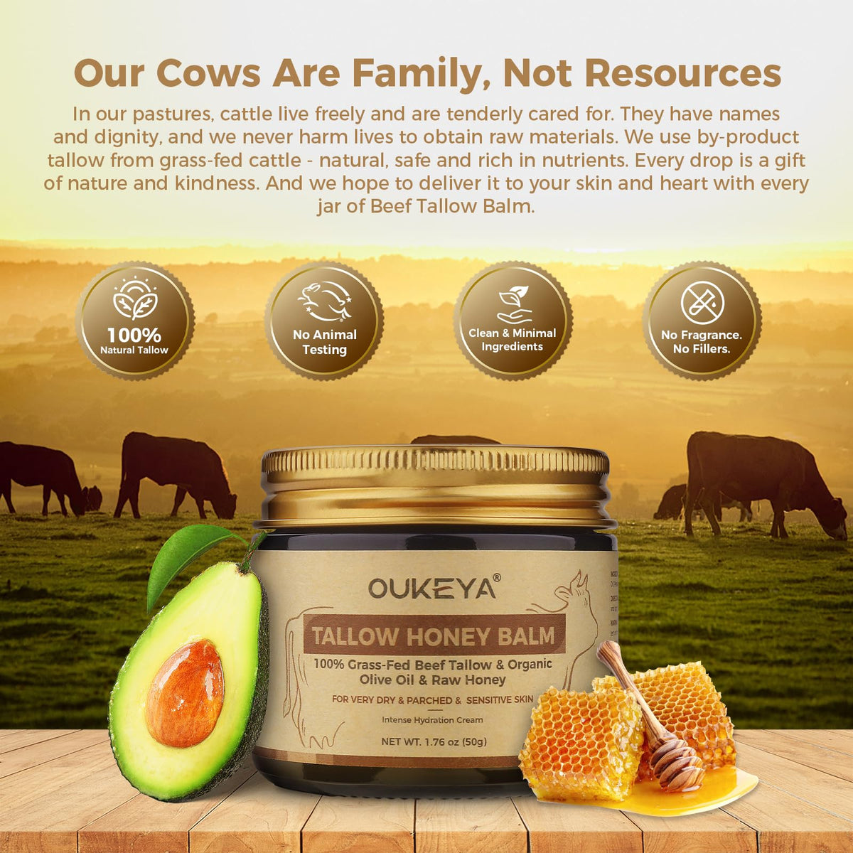 OUKEYA Beef Tallow Skin Care, Beef Tallow Face Cream, Tallow and Honey Balm, Deeply Nourishing for Face & Body (Enhanced Moisturising Version, 50g)