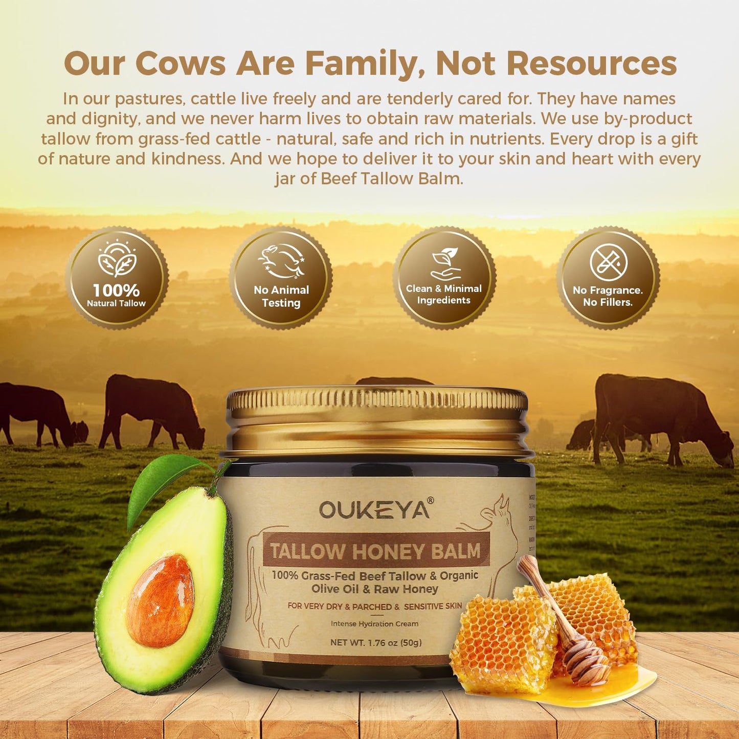OUKEYA Beef Tallow Skin Care, Beef Tallow Face Cream, Tallow and Honey Balm, Deeply Nourishing for Face & Body (Enhanced Moisturising Version, 50g)