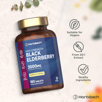 Horbäach Elderberry Supplement 3000mg | Black Sambucus Nigra Tablets | High Strength Extract | 180 Vegan Tablets | by Horbaach