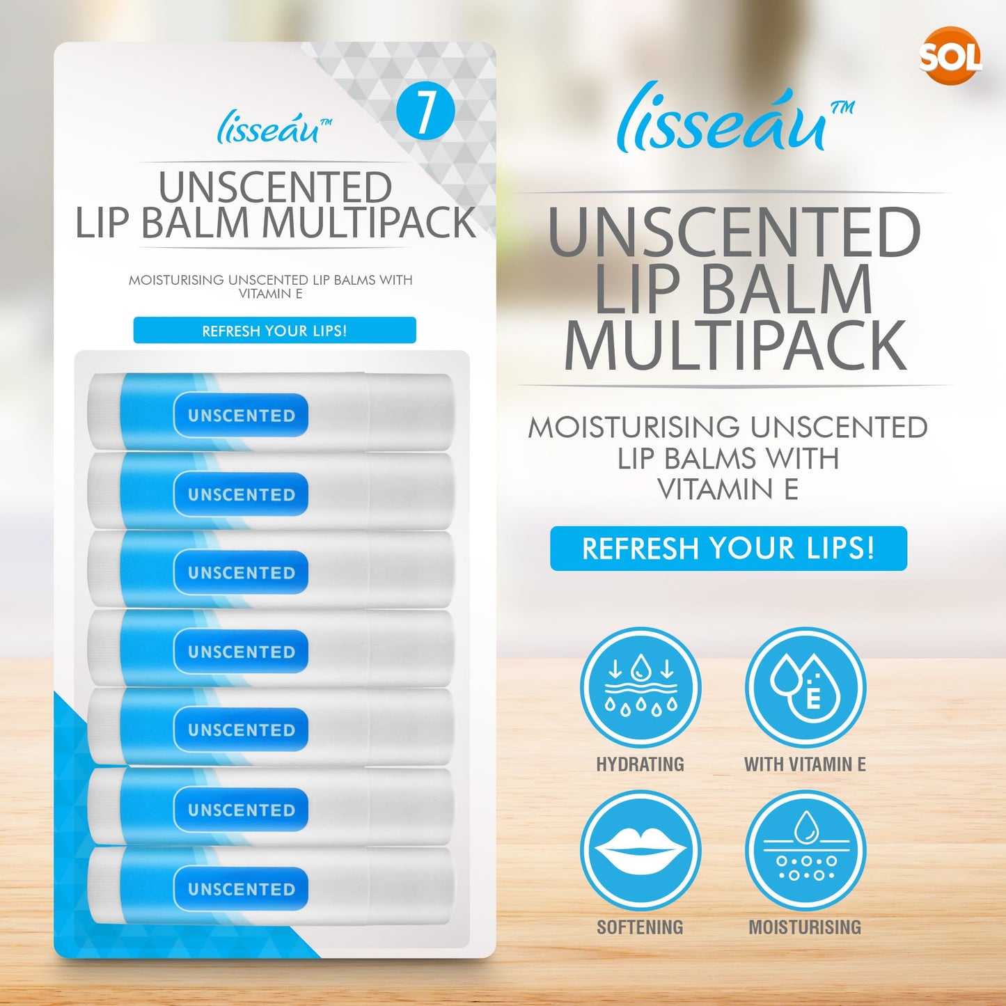 SOL 7pk Unscented Lip Balm Multipack | Lip Moisturiser & Hydrating Lip Balm Stick | Lip Care Lip Balms | Original Lipbalm | Natural Lip Repair for Dry Lips Balm With Vitamin E
