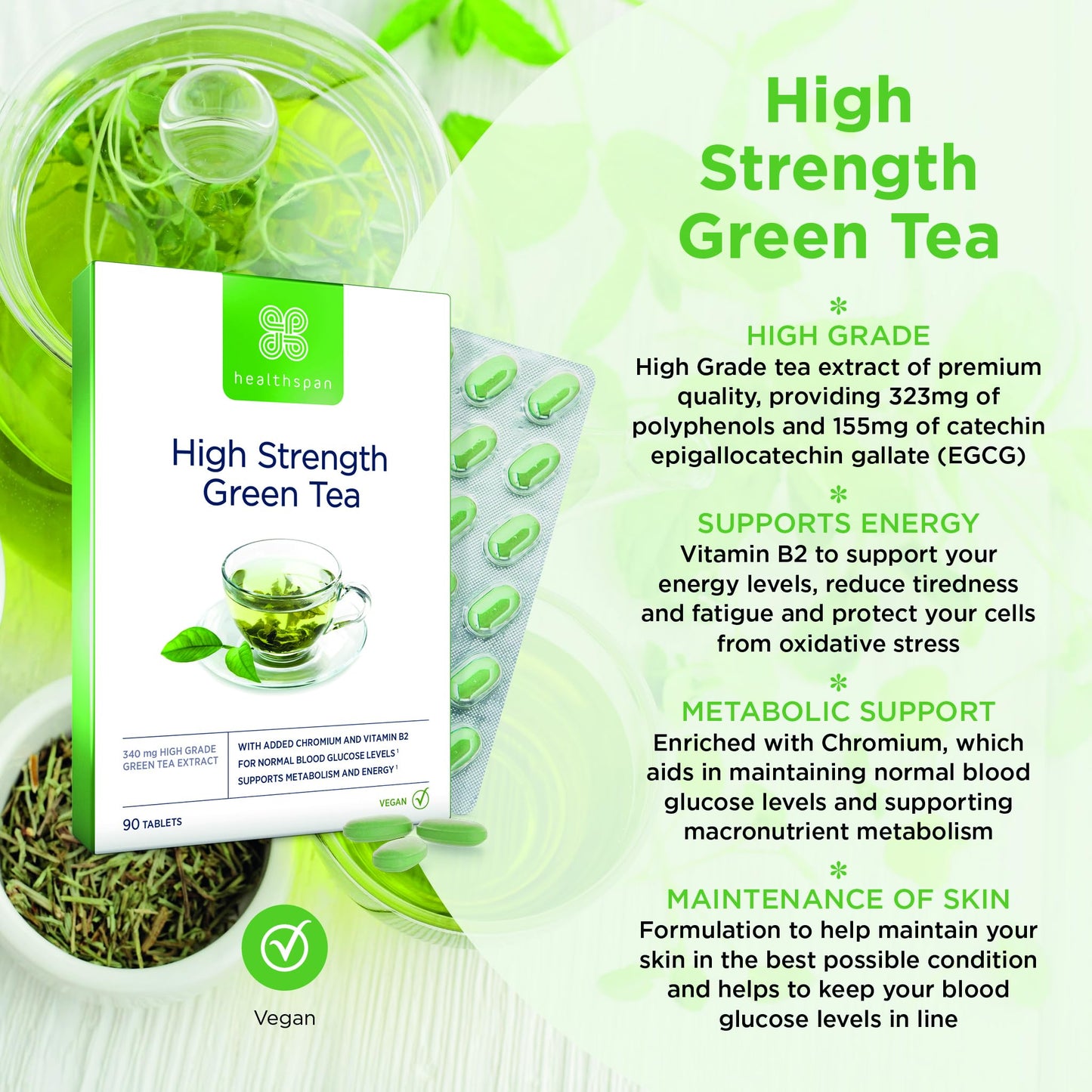 Healthspan High Strength Green Tea (90 Tablets) | with Chromium & Vitamin B2 to Maintain Normal Blood Glucose Levels | Protect Cells from Oxidative Stress | Vegan