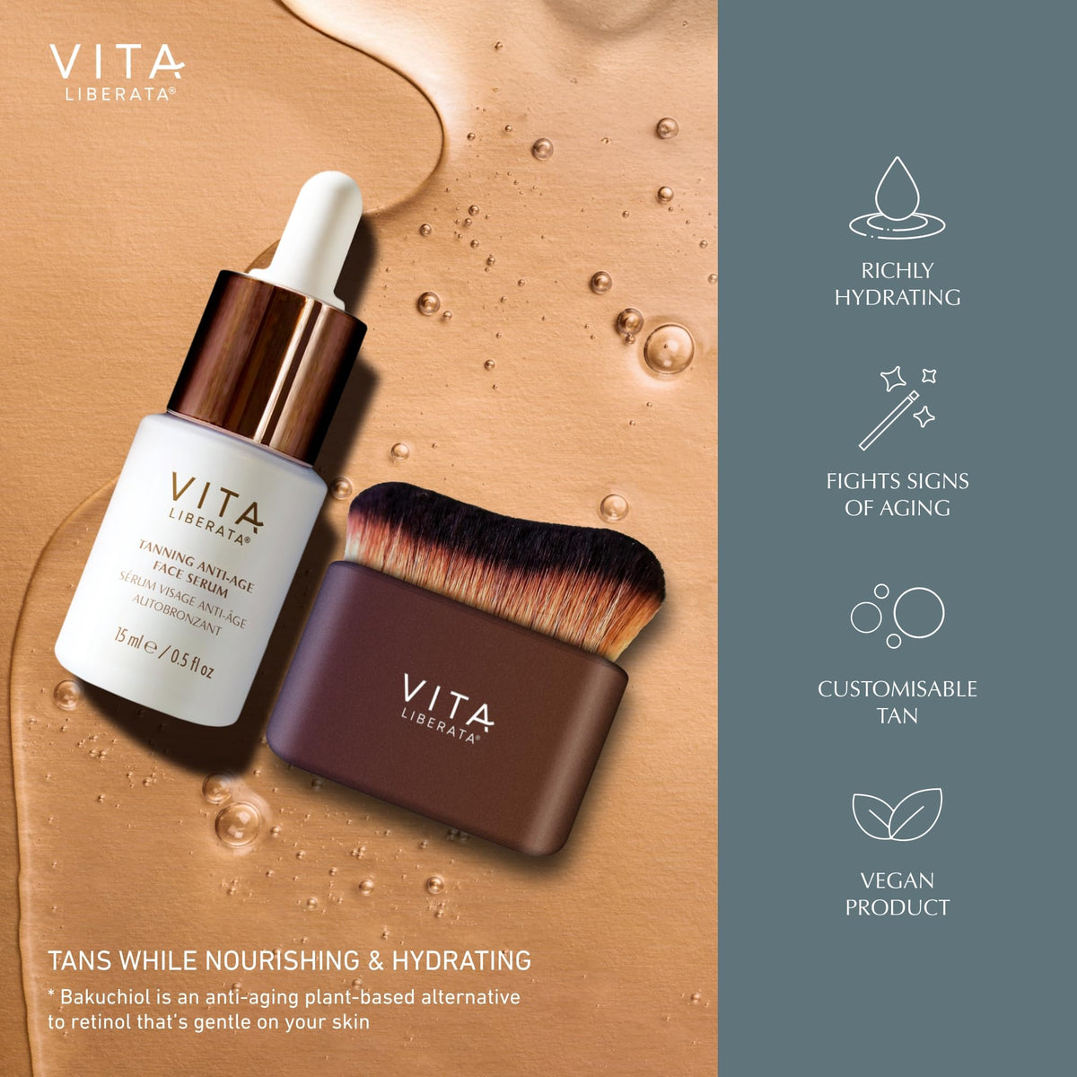 VITA LIBERATA Anti Age Serum 15ml & Brush Bundle, Anti-ageing & Hydrating, Customizable Tan, Streak Free Application Blending Brush, Natural, Sunkissed Glow, Skincare Ingredients