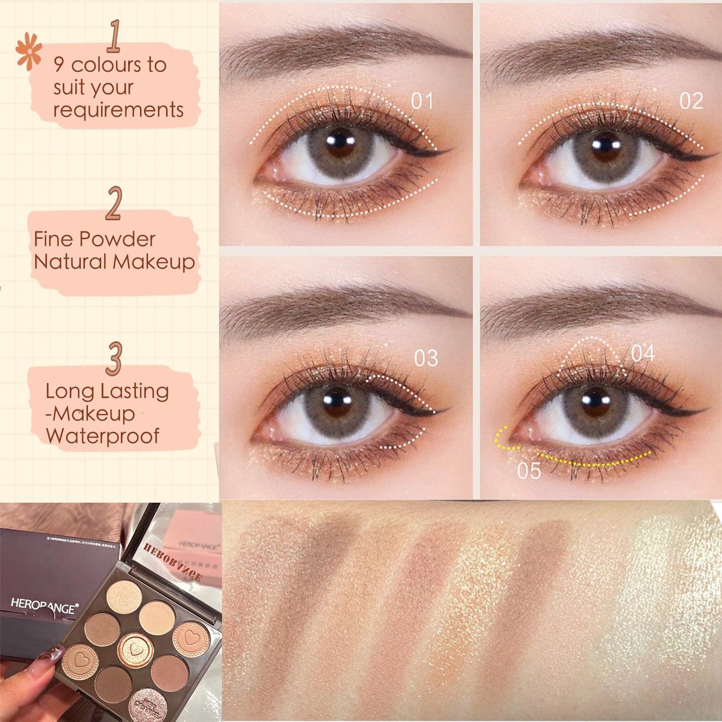 HAORQEE Eyeshadow Palette, Matte Shimmer Nude Eye Shadow Pallets for Women, Brown Long Lasting Shadows Palettes, Waterproof Highly Pigmented Pink Natural Look 9 Colour Eye Shadows for Makeup