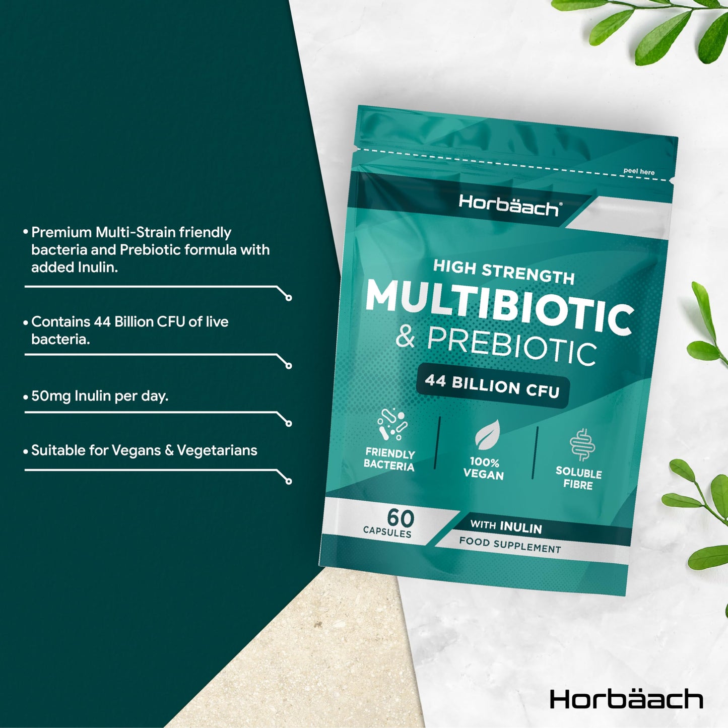Horbäach Probiotics & Prebiotics 44 Billion CFU | Bio Cultures Complex Multi-Strain Formula with Inulin | 60 Vegan Capsules | by Horbaach