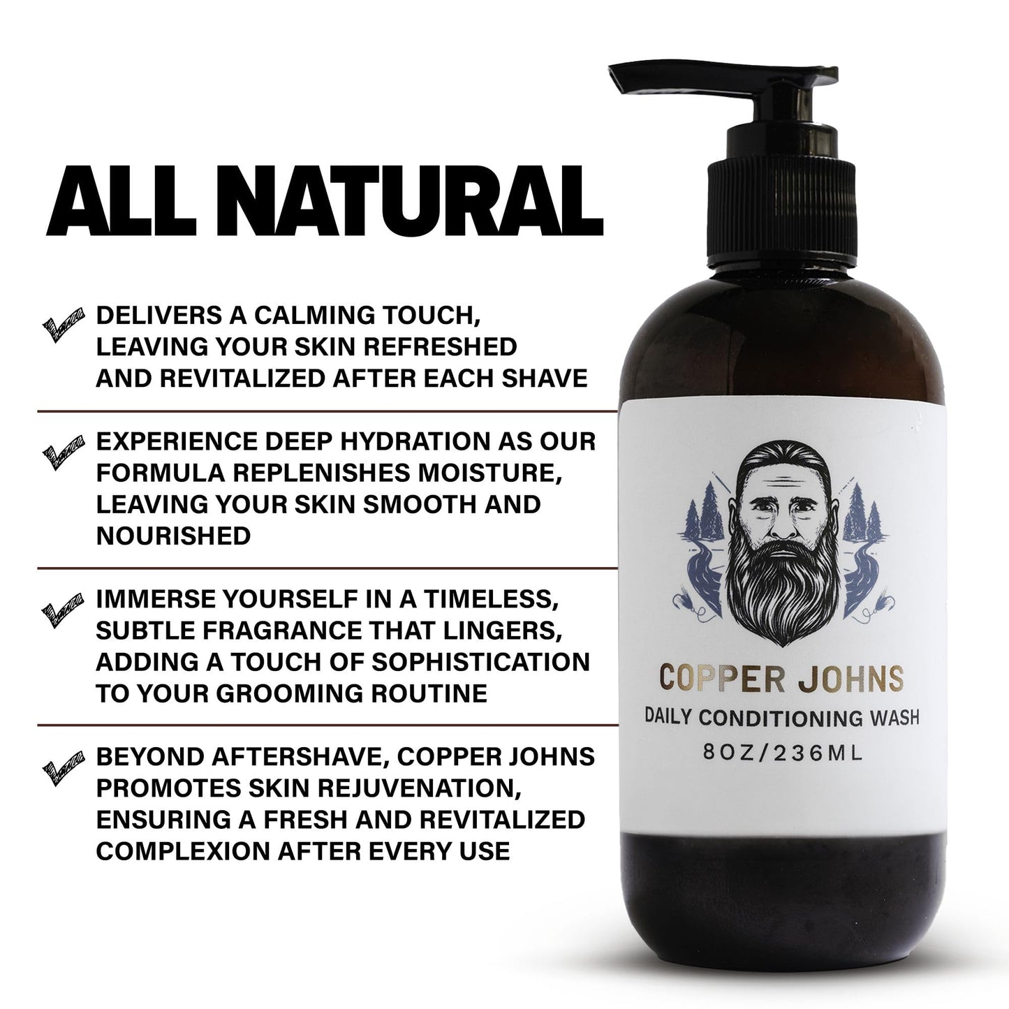 8 Oz/ 236 ml Copper Johns Gentle Daily Wash Suphate and Paraben Free Shampoo for hair and Skin with Provitamin B5, Vitamin E, Rosehip & Organic Jojoba Oil ideal for beard and hair cleansing