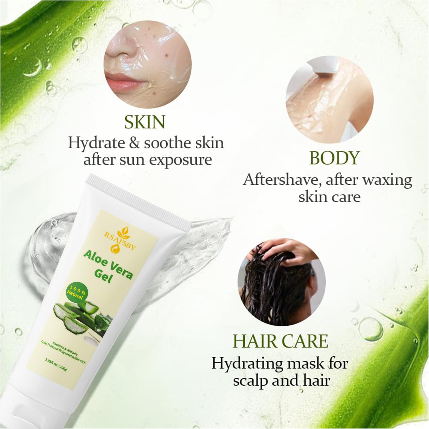 100% Natural Aloe Vera Gel for Face, Body & Hair – 100g Cold Pressed – Soothing, Hydrating & Repairing – Relieves Dry Skin, Sunburn, Blemishes & Itchiness – For All Skin Types