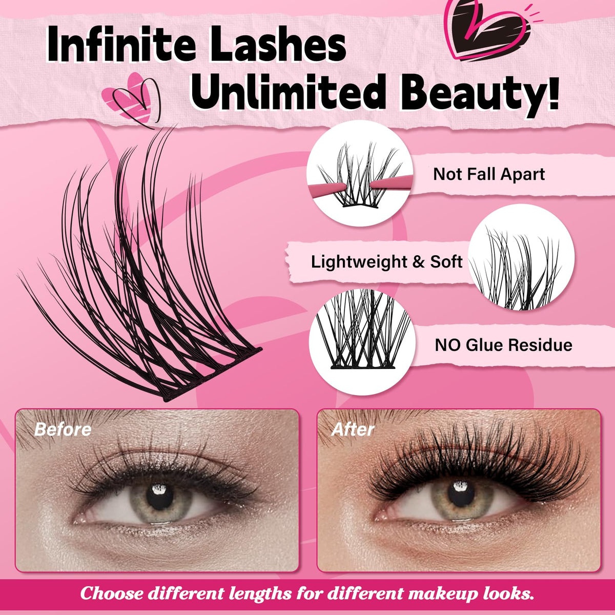 PRO LASHBEAUTY DIY Lash Clusters Kit with 144 Pcs Individual Lashes Cluster Lashes Bond and Seal Eyelash Extension Kit for Beignner (Natural01-D-8-16mix)