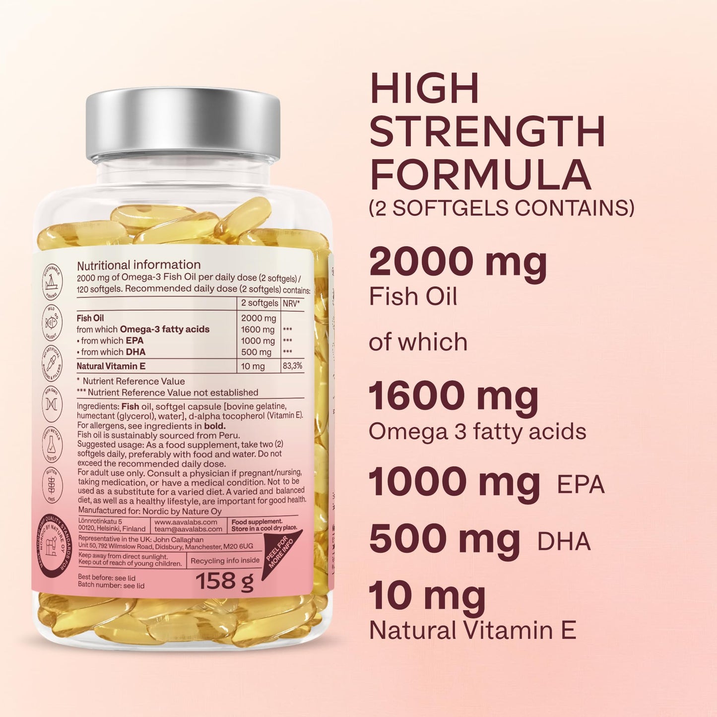 AAVALABS Omega 3 Fish Oil 2000mg per Daily dose (2 softgels) - 1000mg EPA + 500 mg DHA per dose - High Strength Omega 3 Fatty Acids Supplements - Molecularly Distilled - 120 Capsules - 60 Days Supply