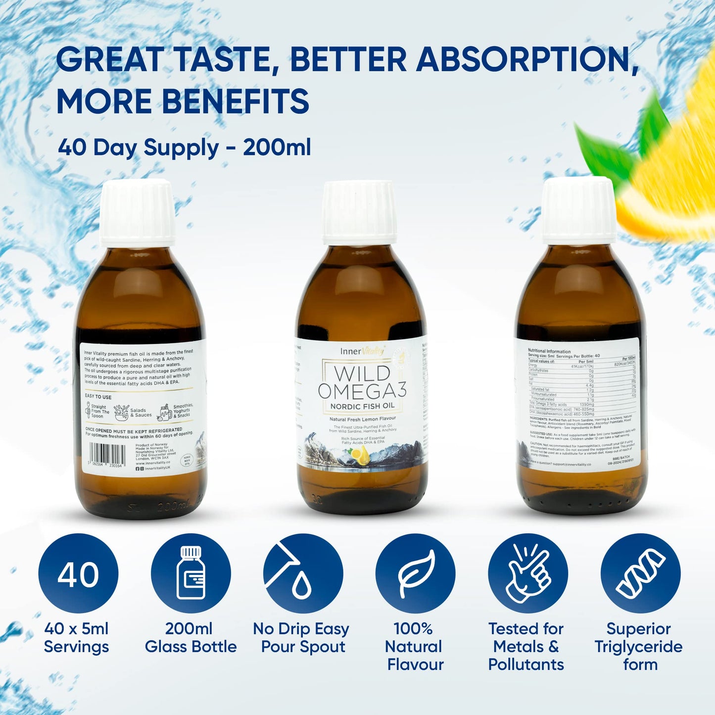 Omega 3 Fish Oil Liquid - Natural Fresh Lemon Flavour with NO Fishy Taste, High Strength DHA/EPA - 200ml Made from Wild Caught Nordic Fish Oil | 3rd Party Tested for Purity - Inner Vitality