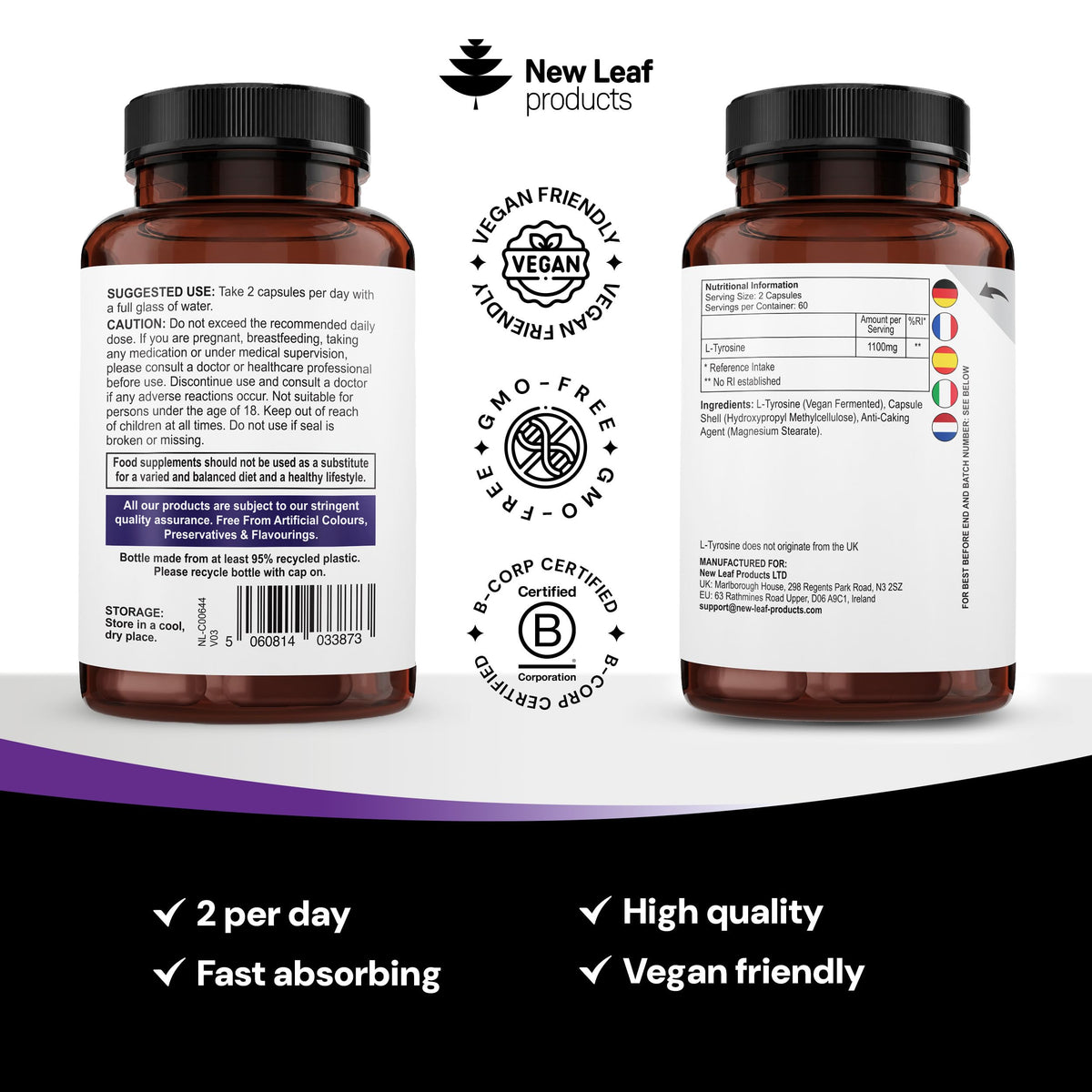 NEW LEAF PRODUCTS L-Tyrosine Supplement 1100mg - Free Form Amino Acid - 120 Vegan Capsules - Fermented High Strength L Tyrosine Supplement - No Artificial Preservatives