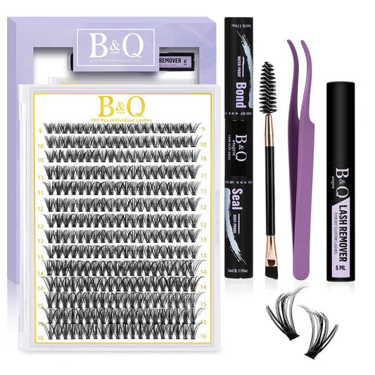 BelleQiana B&Q Individual Cluster Lashes Kit 280PCS D Curl 40D 9-16mm Mixed Length DIY Eyelash Extensions with Bond & Seal Lash Glue Remover Applicators